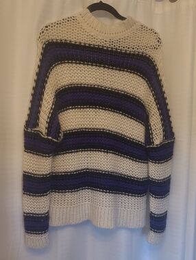 Maje Cream Mohair Blend Sweater with Purple and Black Stripes